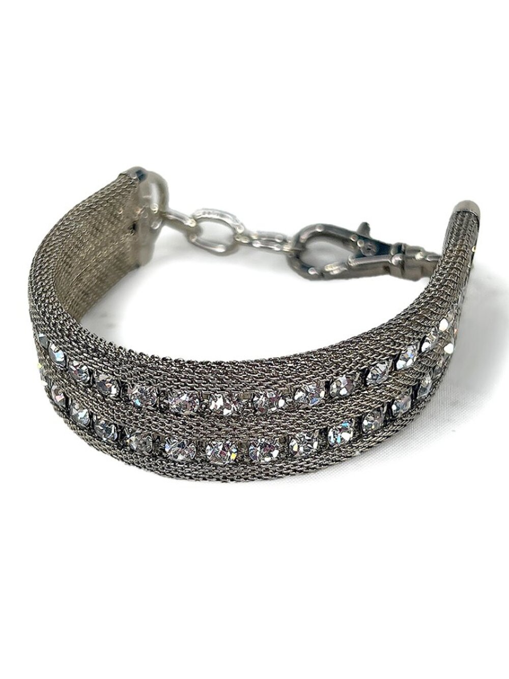 Vintage Bauer Silver Mesh Double Crystal Band Bracelet